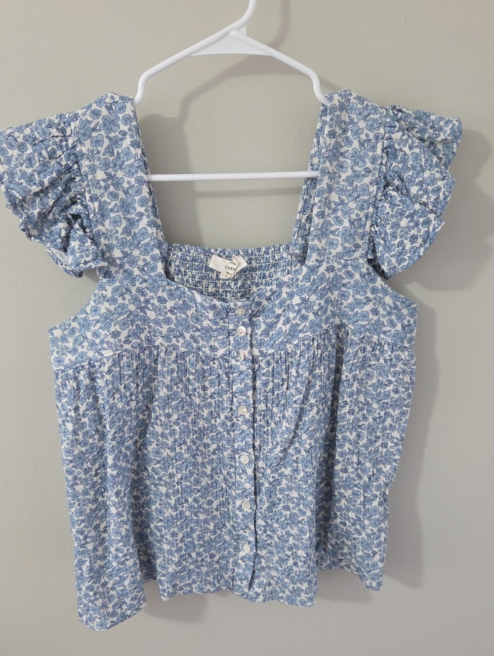 entro Light Blue Floral Square-Neck Button Front Top